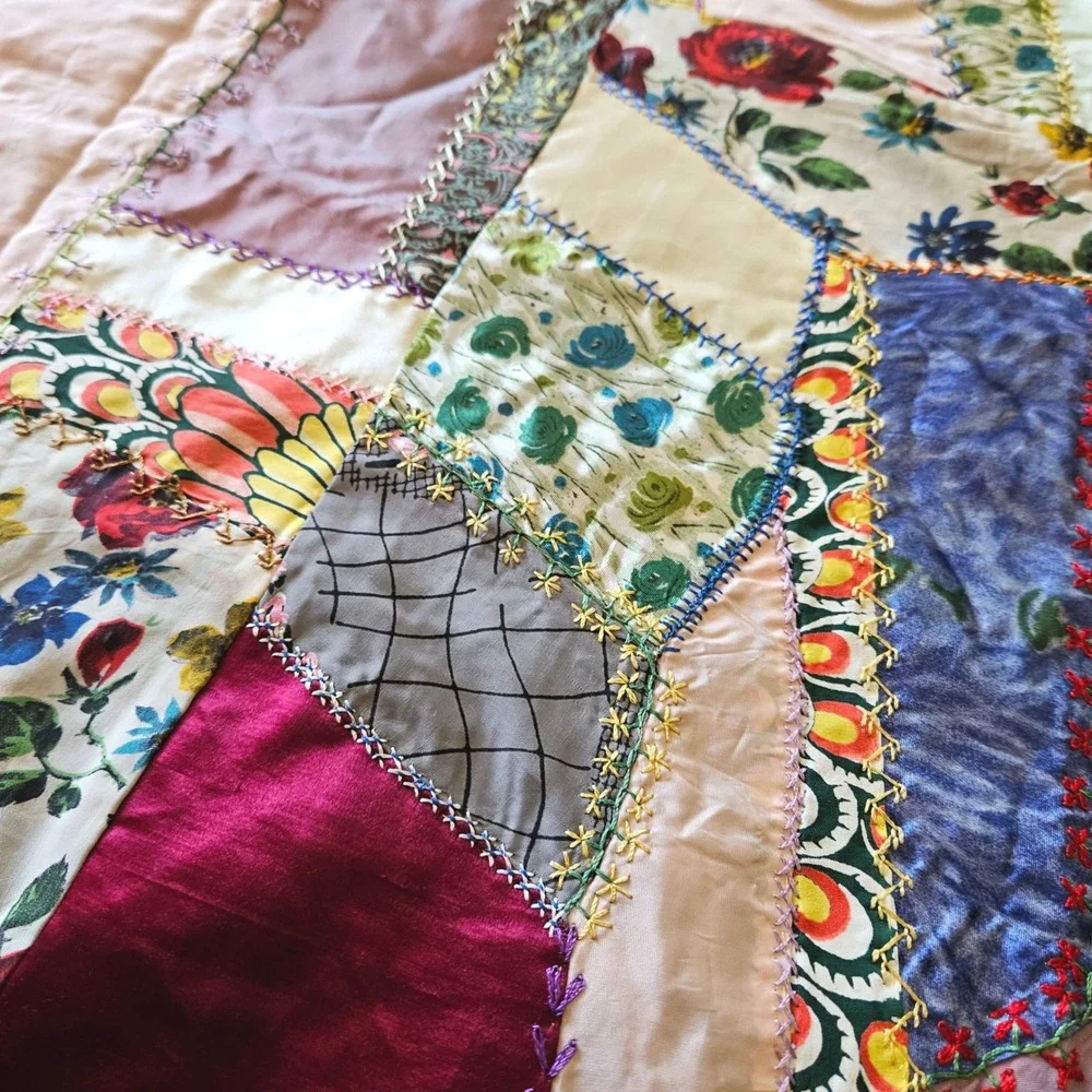 Vintage 40s Handmade Crazy Quilt Top Silk Satin Velvet Embroidered Folk Art Twin